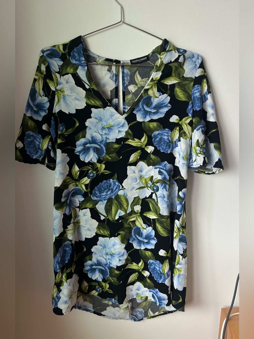American Apparel Black Floral V-Neck Blouse with Blue and Green Print